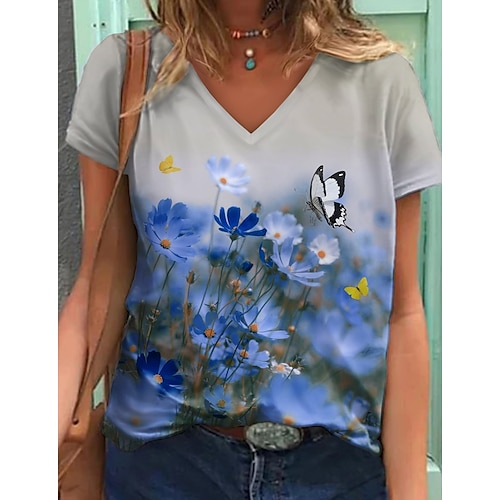 

Women's T shirt Tee Floral Casual Holiday Weekend Floral Painting T shirt Tee Short Sleeve Print V Neck Basic Blue S / 3D Print