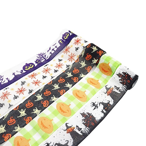 

5 Colors 10 Yard Halloween Pumpkin Bat Ghost Silk Ribbon for Gift Decoration Party 2/5 Inch Width 1 Roll