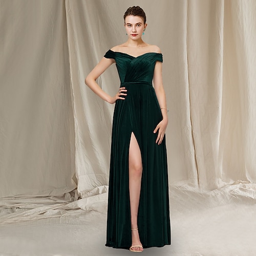 

Sheath / Column Mother of the Bride Dress Vintage Elegant Off Shoulder Floor Length Velvet Sleeveless with Split Front Side-Draped 2022