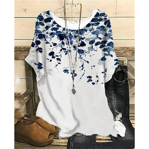 

Women's Plus Size Tops Blouse Shirt Floral Print Half Sleeve Crewneck Streetwear Daily Sports Cotton Spandex Jersey Spring Summer White Pink