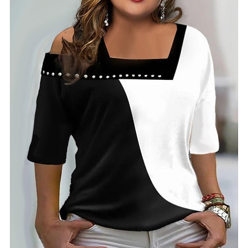 

Women's Plus Size Tops Blouse Shirt Color Block Half Sleeve One Shoulder Streetwear Casual Daily Vacation Polyester Winter Fall Black And White