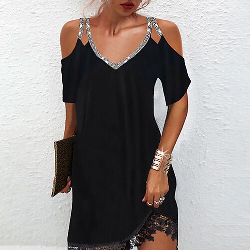 

Women's T Shirt Dress Tee Dress Sheath Dress Mini Dress Black Red Short Sleeve Pure Color Sequins Fall Spring Summer V Neck Modern Weekend 2022 S M L XL 2XL 3XL