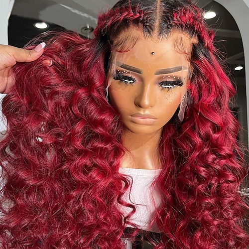 

Remy Human Hair 13x4 Lace Front Wig Free Part Brazilian Hair Wavy Afro Kinky Curly Burgundy Wig 130% 150% Density with Baby Hair Ombre Hair Natural Hairline 100% Virgin Pre-Plucked For Women wigs for