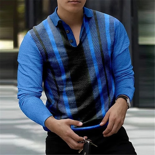

Men's Collar Polo Shirt Golf Shirt Striped Turndown Blue Gray 3D Print Outdoor Street Long Sleeve Button-Down Print Clothing Apparel Fashion Designer Casual Breathable