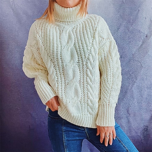 

Women's Pullover Sweater jumper Jumper Cable Knit Knitted Pure Color Turtleneck Stylish Casual Outdoor Daily Winter Fall Purple Pink S M L / Long Sleeve / Regular Fit