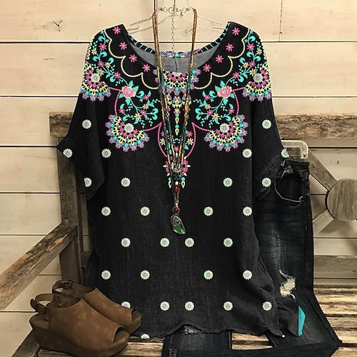 

Women's Shirt Floral Polka Dot Daily Weekend Shirt Short Sleeve Flowing tunic Print Round Neck Casual Streetwear Black S / 3D Print