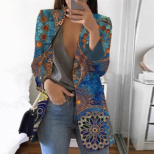 

Women's Blazer Breathable Comfortable Office Work Office / Career Vacation Print Open Front Turndown OL Style Elegant Modern Office / career Floral Regular Fit Outerwear Long Sleeve Winter Fall Blue