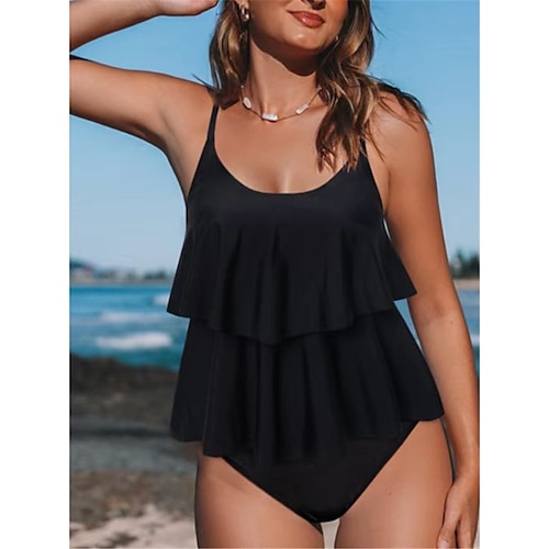 

Women's Swimwear Tankini 2 Piece Plus Size Swimsuit Ruffle Open Back High Waisted Pure Color Black Camisole Strap Bathing Suits New Vacation Fashion / Modern