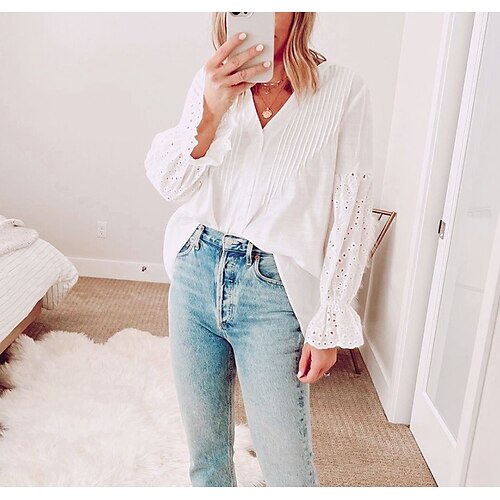 

Women's Blouse Plain Daily Weekend Blouse Shirt Long Sleeve Cut Out V Neck Streetwear White Black Blue S