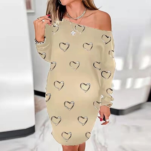 

Women's Shift Dress Casual Dress Short Mini Dress Black Gray Pink Khaki Long Sleeve Heart Print Fall Winter One Shoulder Stylish Casual 2022 S M L XL XXL 3XL / Cotton