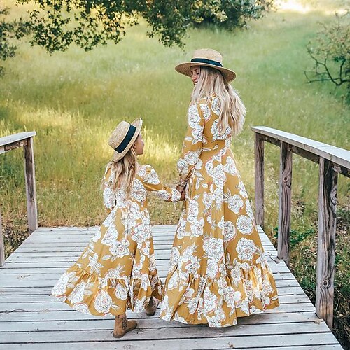 

Mommy and Me Floral Dresses Long Sleeve Ruffle Hem Casual Ruched Yellow Long Sleeve Midi Daily Matching Outfits