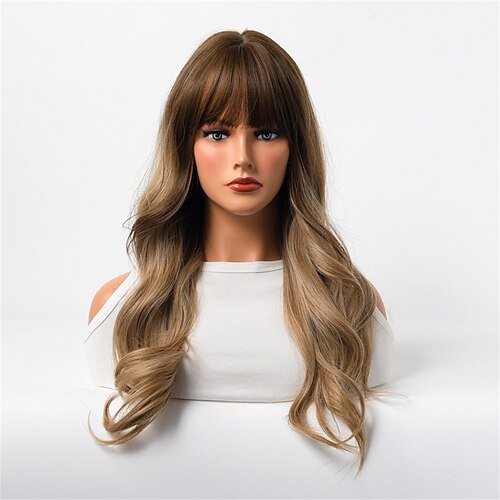 

Synthetic Wig Straight With Bangs Wig Golden Brown Wig Realistic Breathable Full Headgear Wigs Female Long Curly Hair