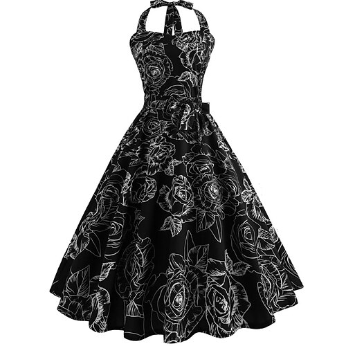 

Women's Swing Dress Knee Length Dress Black Sleeveless Floral Backless Cold Shoulder Print Spring Summer Halter Neck Stylish Vintage 2022 S M L XL XXL