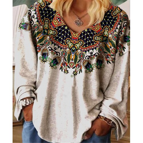 

Women's Plus Size Tops T shirt Tee Floral Print Long Sleeve V Neck Streetwear Daily Vacation Cotton Spandex Jersey Fall Winter Beige