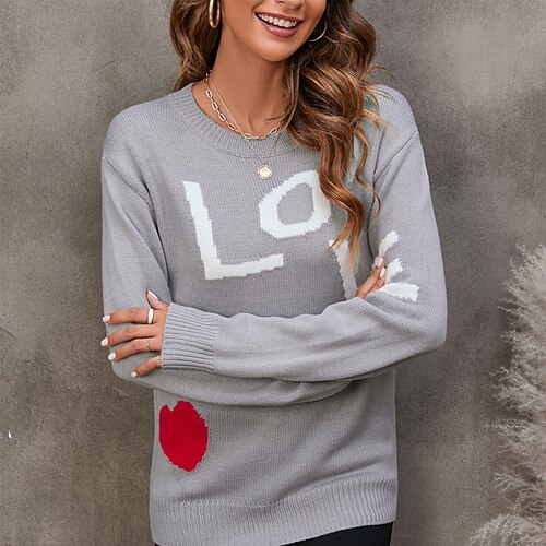 

Women's Pullover Sweater Jumper Ribbed Knit Knitted Heart Crew Neck Stylish Casual Daily Holiday Fall Winter Black Gray S M L / Long Sleeve