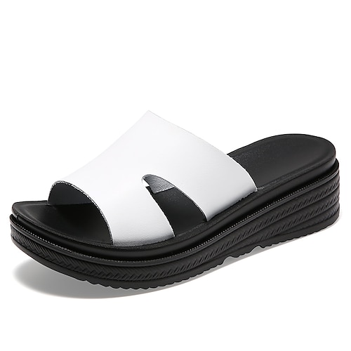 

Women's Slippers Work Daily Outdoor Slippers Summer Wedge Heel Round Toe Casual Sweet Walking Shoes PU Leather Loafer Black White