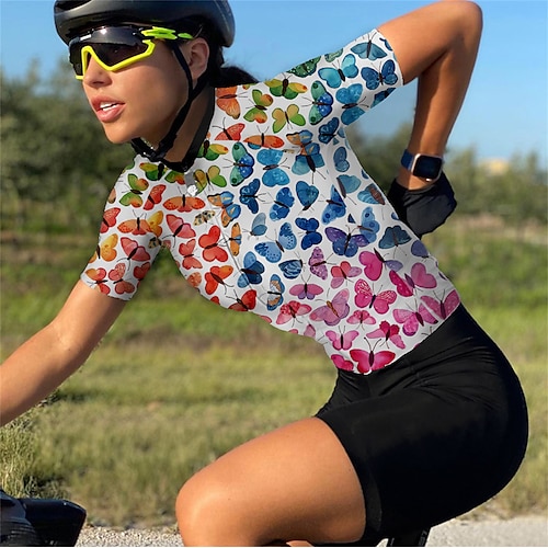 

21Grams Women's Cycling Jersey Short Sleeve Bike Top with 3 Rear Pockets Mountain Bike MTB Road Bike Cycling Breathable Quick Dry Moisture Wicking Reflective Strips Blue Butterfly Polyester Spandex