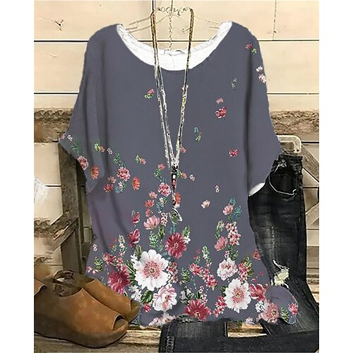 

Women's Plus Size Curve Tops Blouse Shirt Floral Print Half Sleeve Crewneck Streetwear Daily Sports Cotton Spandex Jersey Spring Summer Green Blue