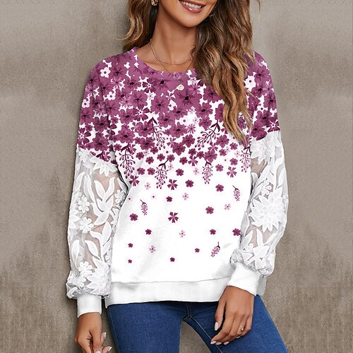 

Women's Sweatshirt Pullover Active Streetwear Patchwork Print Blue Purple Pink Floral Daily Round Neck Long Sleeve S M L XL / 3D Print