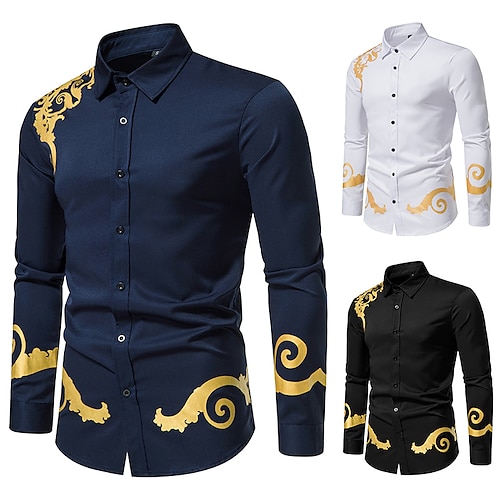 

Men's Dress Shirt Casual Shirt Prom Shirt Graphic Floral Classic Collar Navy Blue White Black Vacation Club Bronzing Print Clothing Apparel Fashion Casual