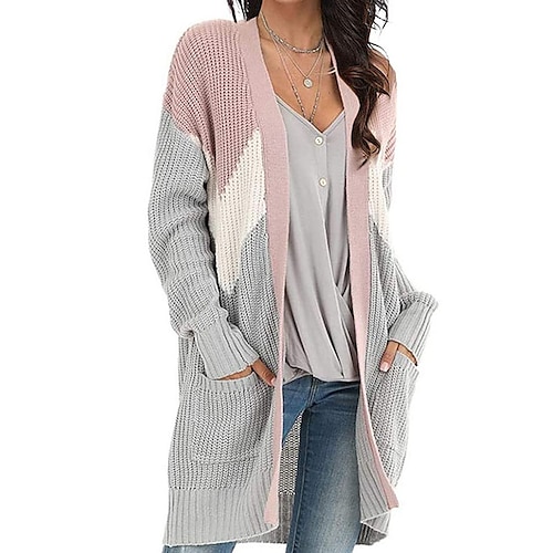 

Women's Cardigan Sweater Jumper Crochet Knit Tunic Pocket Knitted Color Block Cowl Stylish Casual Outdoor Daily Winter Fall Blue Pink S M L / Long Sleeve / Regular Fit / Going out / Hole