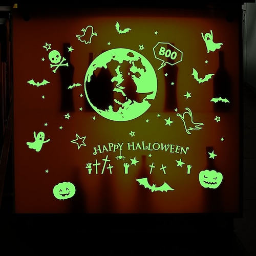 

Luminous Halloween Witch Pumpkin Bat Holiday Window Film Home Bedroom Bathroom Glass Window Film Stickers Self Adhesive Sticker 30 x 60CM Wall Stickers for Bedroom Living Room