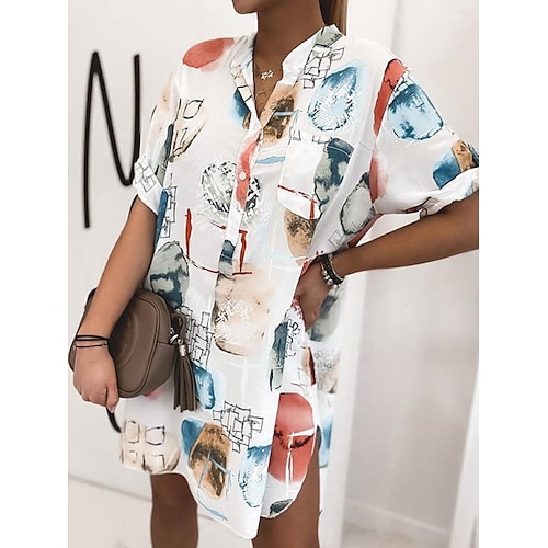

Women's Casual Dress Shirt Dress Short Mini Dress White Gray Orange Short Sleeve Print Pocket Button Print Fall Spring Stand Collar Casual Modern Loose 2022 S M L XL XXL