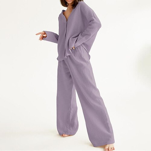 

Women's Loungewear Sets Nighty 2 Pieces Pure Color Comfort Home Cotton V Wire Long Sleeve Pant Button Fall Spring Blue Purple