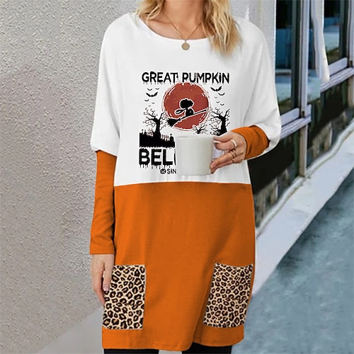 

Damen Sweatshirt-Kleid Sweatkleid Etuikleid Orange Braun Grau Langarm Leopard Patchwork Winter Herbst Modern winterkleider damen Wochenende herbstkleider 2022 S M L XL XXL 3XL