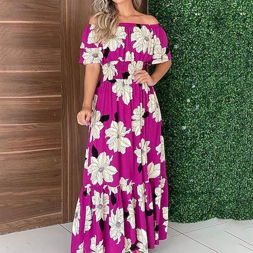 

Women's Swing Dress Maxi long Dress Purple Short Sleeve Floral Cold Shoulder Print Spring Summer Off Shoulder Fashion 2022 S M L XL 2XL 3XL