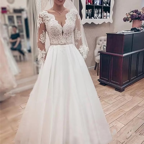 

Princess A-Line Wedding Dresses Jewel Neck Floor Length Lace Tulle Long Sleeve Formal Romantic Sexy with Sashes / Ribbons Bow(s) Appliques 2022