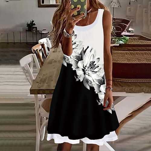 

Women's Casual Dress Shift Dress Floral Dress Floral Print Fake two piece Crew Neck Mini Dress Basic Daily Vacation Sleeveless Summer Spring