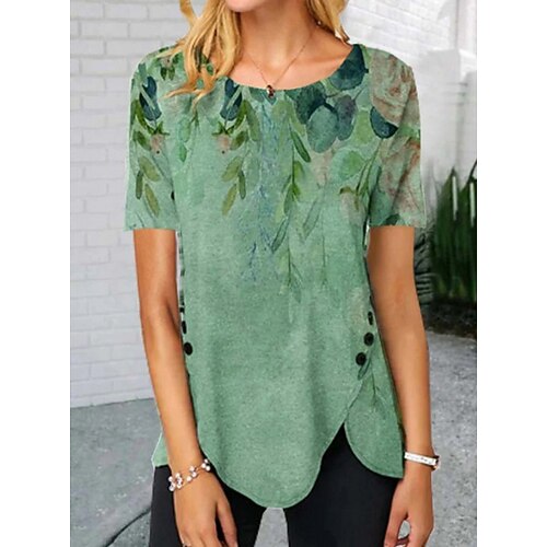 

Women's T shirt Tee Floral Holiday Weekend Floral Painting T shirt Tee Short Sleeve Print Round Neck Basic Green White Blue S / 3D Print