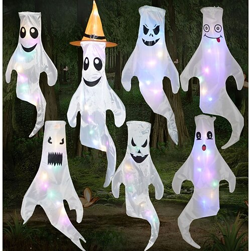 

Halloween Ghost Windsocks Decorations with LED Light Outdoor Halloween Decorations Hanging Ghost Wind Turbine Flag Banner Ghost Lighting