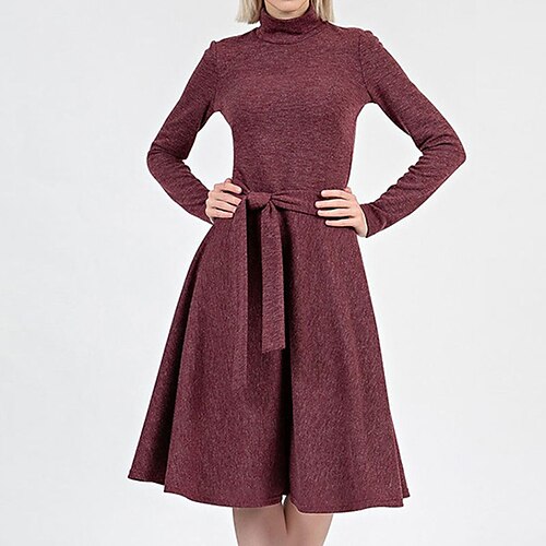 

Women's A Line Dress Knit Dress Modern Dress Knee Length Dress Wine Long Sleeve Pure Color Lace up Winter Fall Turtleneck Elegant Winter Dress Fall Dress 2023 S M L XL XXL