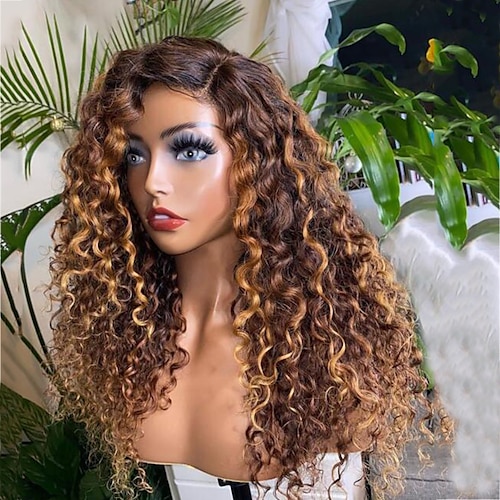 

Unprocessed Virgin Hair 13x4 Lace Front Wig Side Part Brazilian Hair Curly Multi-color Wig 130% 150% Density with Baby Hair Highlighted / Balayage Hair Natural Hairline 100% Virgin Pre-Plucked For