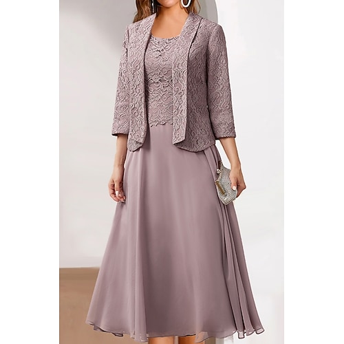 

Women's Dress Set Two Piece Dress Midi Dress Dusty Rose 3/4 Length Sleeve Embroidery Embroidered Layered Ruched Fall Winter Crew Neck Modern Mature 2022 S M L XL 2XL 3XL