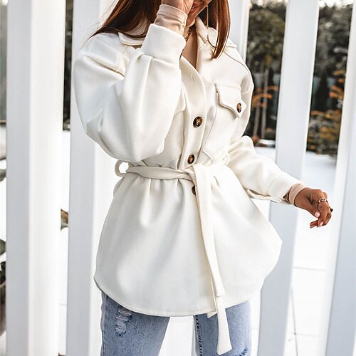 

Women's Coat Comfortable Street Style Pocket Print Daily Wear Vacation Going out Outdoor Coat Polyester Regular Green White Black Fall Winter Single Breasted Turndown Regular Fit S M L XL XXL