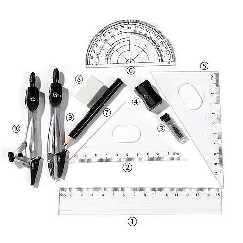 

10pcs Erasers Rulers Protractor Multi-function Ergonomic Design Easily Remove Pencil Marks Plastic TPR Metal for School Student Home 152 cm