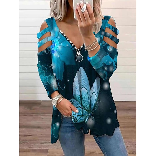 

Women's Blouse Butterfly Casual Weekend Butterfly Painting Blouse Long Sleeve Cut Out Flowing tunic Quarter Zip V Neck Basic Blue Purple Pink S / 3D Print / Print