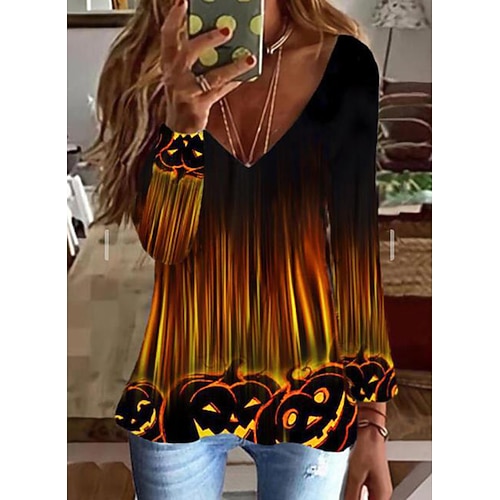 

Women's T shirt Tee Pumpkin Halloween Casual Weekend T shirt Tee Long Sleeve Print V Neck Basic Halloween Black S / 3D Print