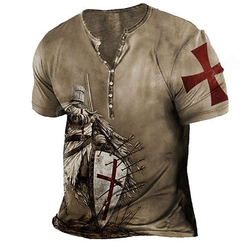 

Men's T shirt Tee Henley Shirt Tee Graphic Cross Henley Brown Short Sleeve 3D Print Plus Size Outdoor Daily Button-Down Print Tops Basic Casual Big and Tall / Summer / Summer / Sports