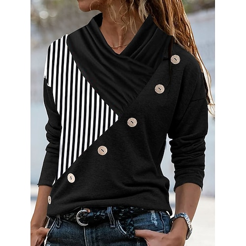 

Women's T shirt Tee Striped Casual Weekend Painting T shirt Tee Long Sleeve Button Print V Neck Basic Black S / 3D Print