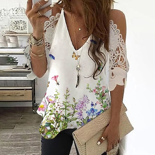 

Women's T shirt Tee Floral Butterfly Casual Holiday Weekend Floral Butterfly Painting T shirt Tee Half Sleeve Lace Patchwork Cold Shoulder V Neck Basic White S / 3D Print