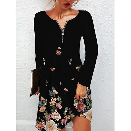 

Women's Casual Dress Knee Length Dress Black Pink Blue Long Sleeve Floral Zipper Winter Fall Crew Neck Casual Winter Dress Fall Dress 2023 S M L XL 2XL 3XL 4XL 5XL 6XL