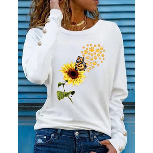 

Women's Sweatshirt Pullover Button Up Hoodie Active Streetwear Print White Black Blue Butterfly Sunflower Daily Round Neck Long Sleeve S M L XL XXL