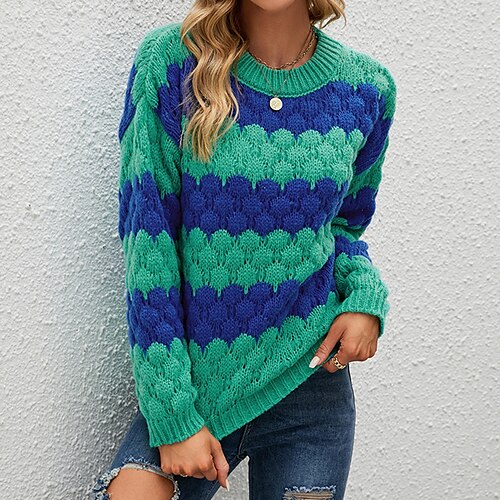 

Women's Pullover Sweater Jumper Cable Knit Knitted Patchwork Color Block Crew Neck Stylish Casual Daily Holiday Fall Winter Green Black S M L / Cotton / Long Sleeve