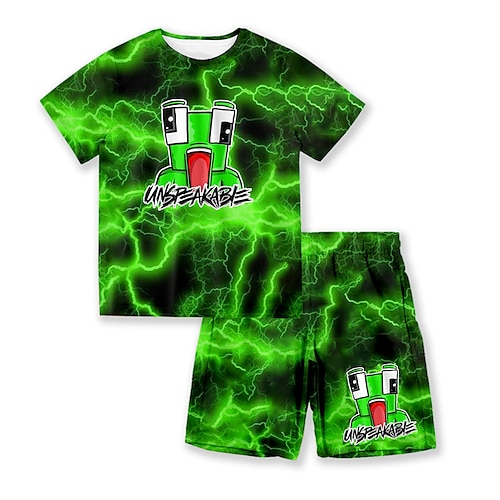 

2 Pieces Kids Boys T-shirt & Shorts Clothing Set Outfit Cartoon Gradient Ramp Short Sleeve Crewneck Set Outdoor Sports Fashion Cool Spring Summer 3-13 Years Green