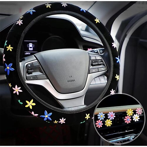 

Cute Flower Car Accessories Set Floral Steering Wheel Cover Car Air Vent Clips Center Console Armrest Cushion Car Cup Mats Seat Belt Covers for Women Girls
