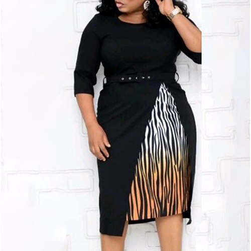 

Women's Plus Size Work Dress Striped Crew Neck Print Half Sleeve Fall Winter Work Knee Length Dress Daily Going out Dress